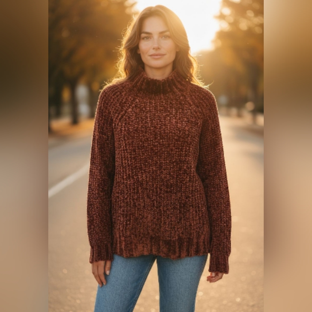 NWOT Bella Dahl Chenille Mock Neck Sweater Rust Brown Soft Cozy Cold Women's M